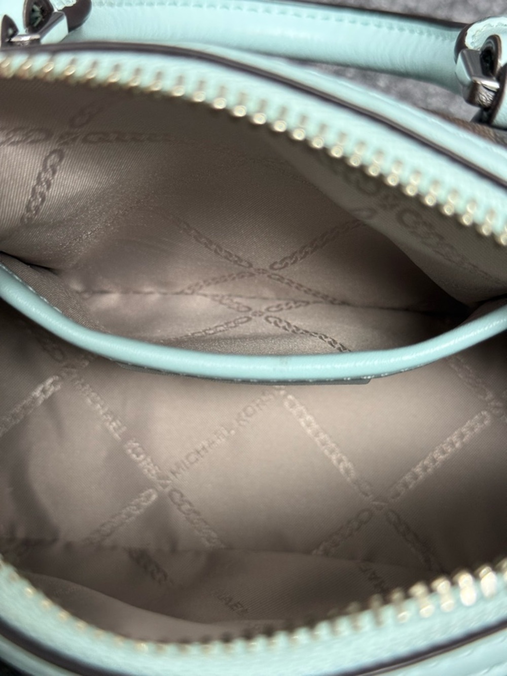 NWT Michael Kors Bedford Legacy XS Logo Duffle Crossbody Bag Brown/Aqua Blue 178 - Picture 15 of 16